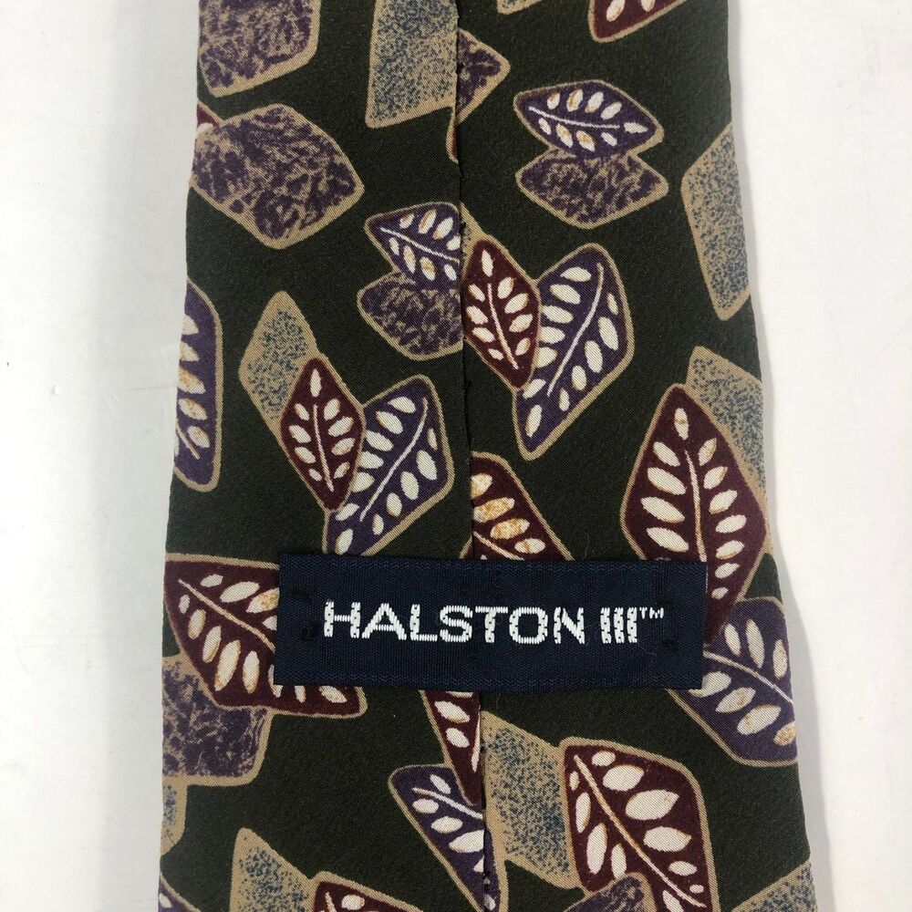 Halston 100% Italian Silk Tie Men's Designer Abstract Leaf Pattern Green Maroon - Picture 4 of 7